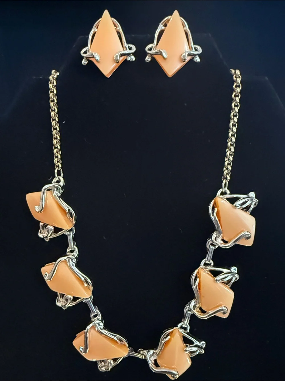 Vintage 50s Mid Century Orange Thermoset Lucite Necklace Earrings Set